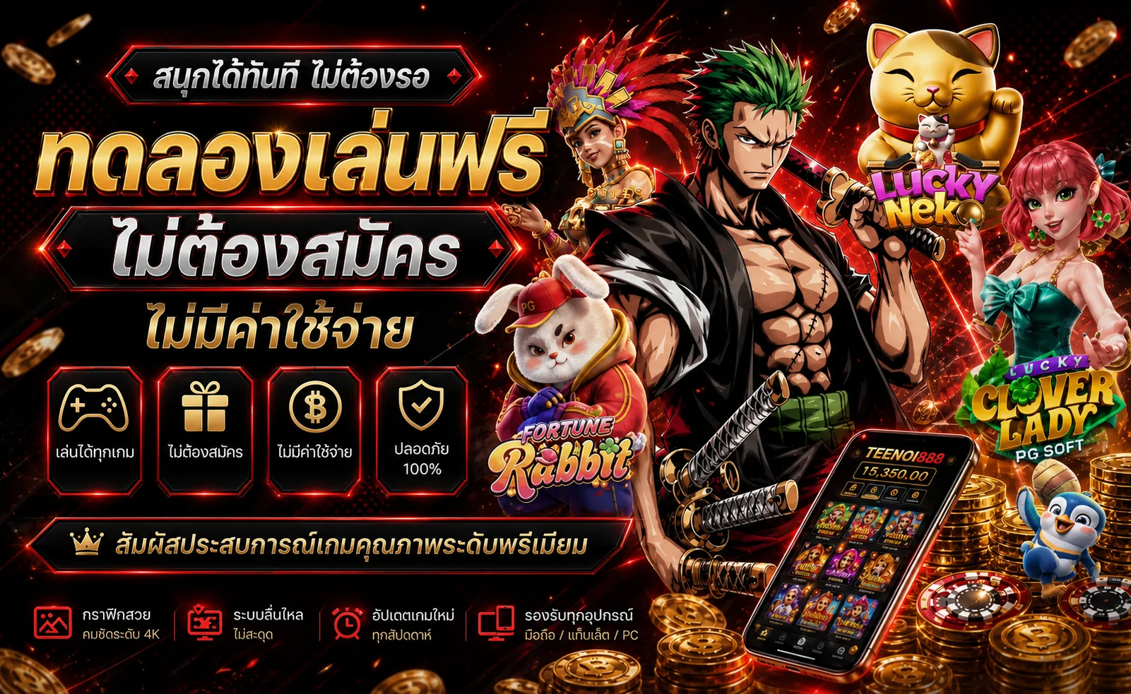แบนเนอร์ Teenoi888 ทดลองเล่นสล็อตฟรีพร้อมตัวละครเกม